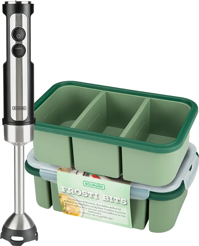 Staafmixer Set met Frosti Bits Vershoudbakjes– Soep en Saus Prep set – 2 Siliconen Meal Prep Bakjes en 4-delige Staafmixer Set by Bourgini in Rvs – product photo