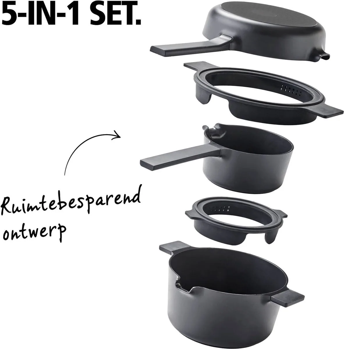Compact Stapelbare 5-delige Pannenset Camping - Kookpannenset 5-delig - PFAS-vrij - Geschikt voor inductie van Brabantia in Zwart – productfoto