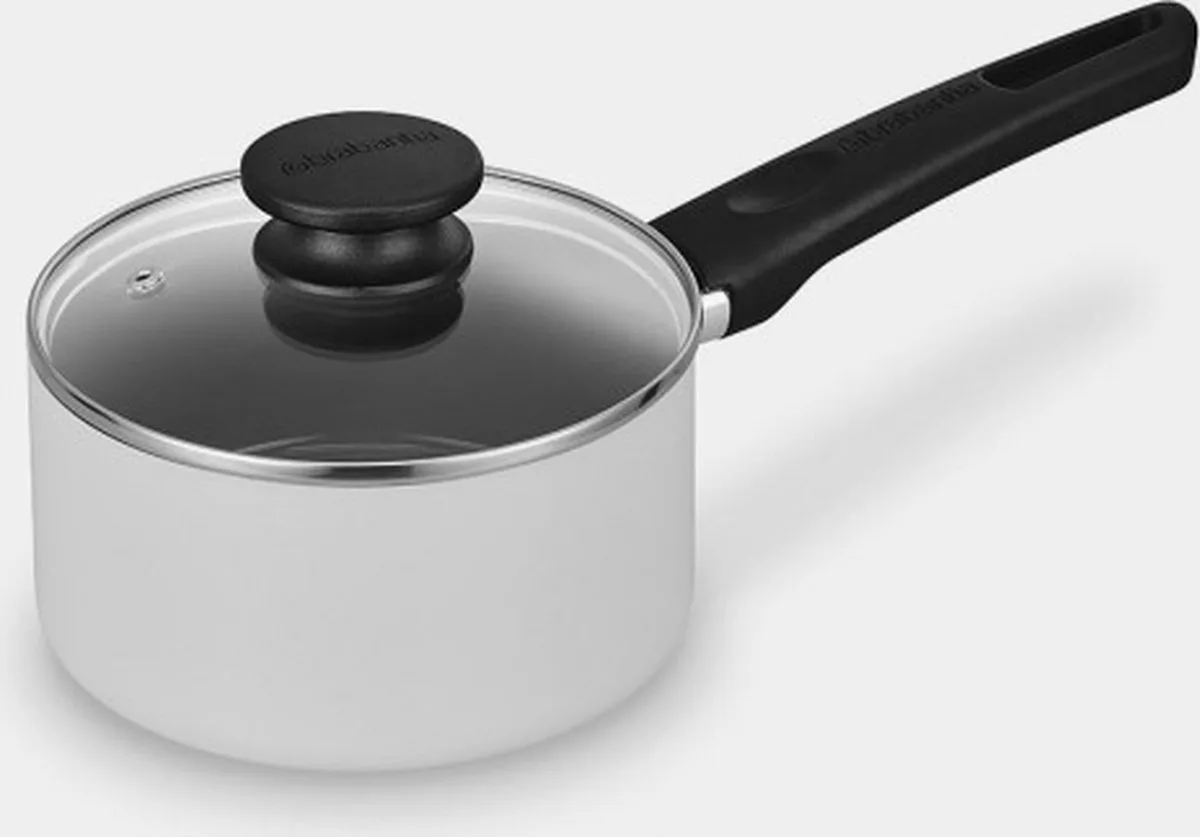 INDU+ Steelpan met Deksel -Ø 16 cm - Sauspan - Keramische Antiaanbaklaag - Glazen deksel - Geschikt voor Inductie - 100% PFAS Vrij - Vaatwasserbestendig - Zwart van Brabantia in Lichtgrijs – productfoto