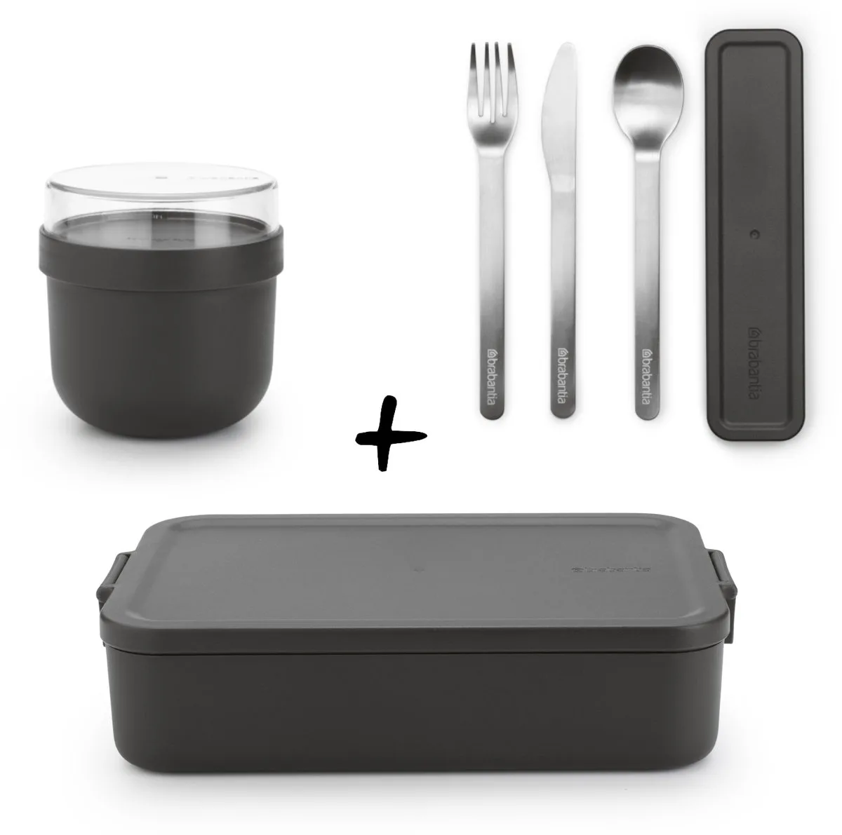 Make & Take Set - Bento Lunchbox + Bestekset 3-delig + Yoghurtbeker van Brabantia in Donkergrijs – productfoto