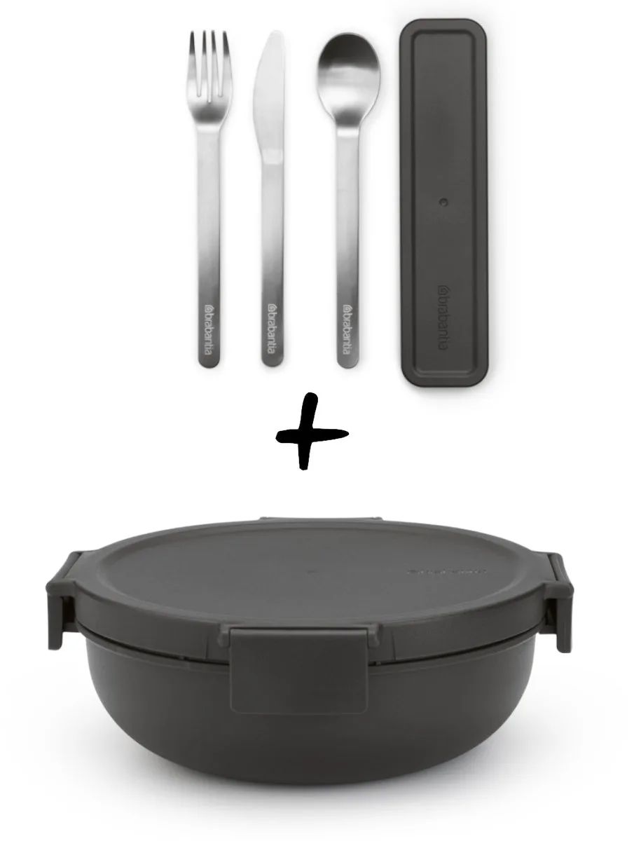 Make & Take Set - Salade Lunchbox + Bestekset 3-delig von Brabantia in Dunkelgrau – Produktfoto