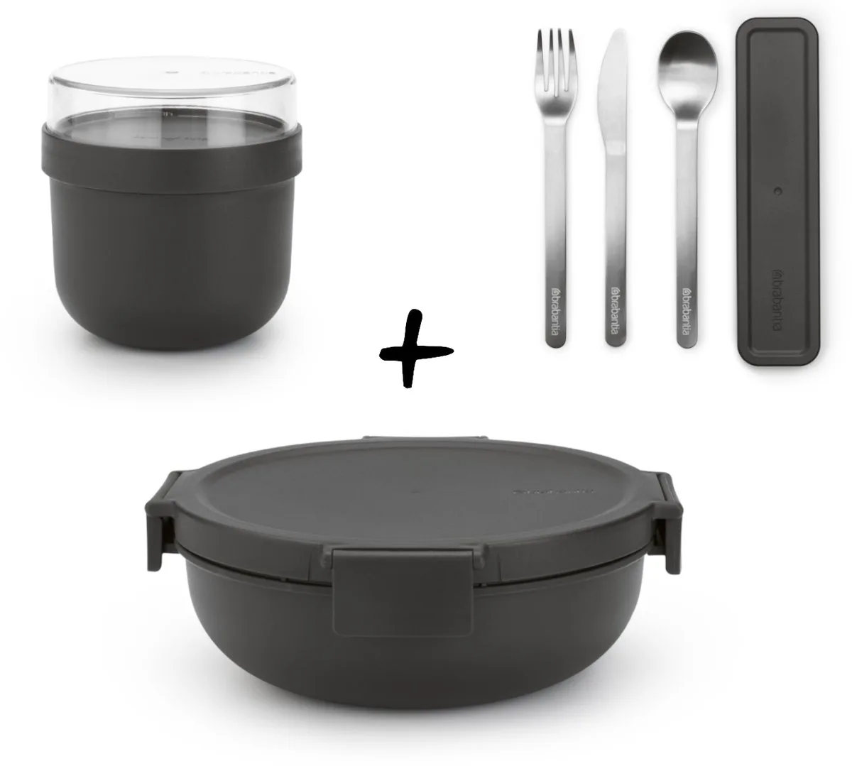 Make & Take Set - Salade Lunchbox + Bestekset 3-delig + Yoghurtbeker fra Brabantia i Mørkegrå – produktbillede