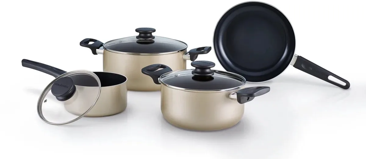 START 2 COOK Pannenset - 4 (7)delig - Healthy Cooking - Geschikt voor Inductie - Keramische anti aanbaklaag - 100% PFAS vrij - Complete Set voor de beginner - Beige van Brabantia in Champagne – productfoto