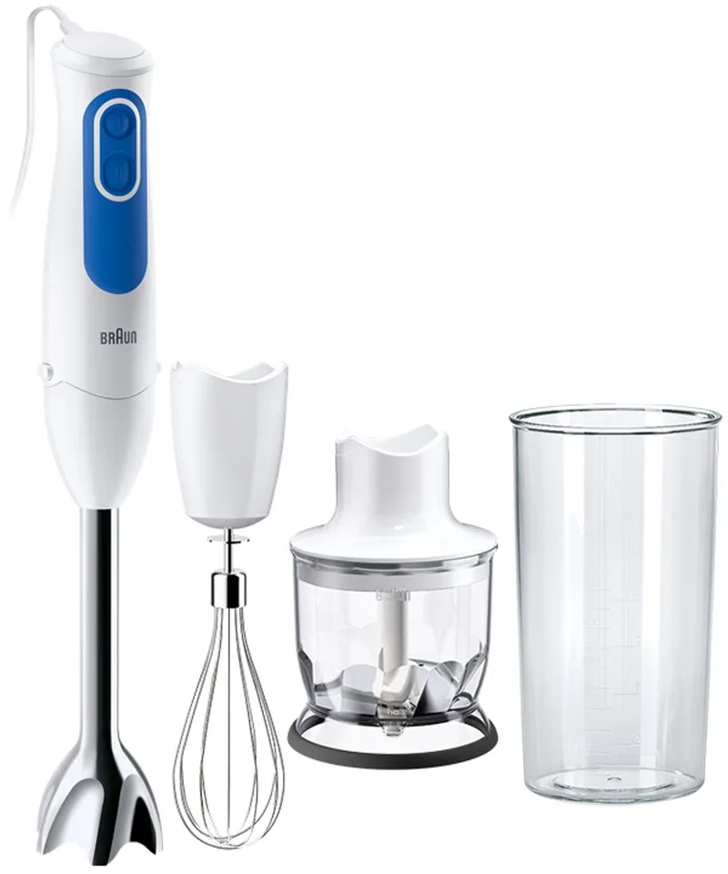 MultiQuick 3 MQ3025WH – Staafmixer Set- Eenvoudige bediening - 2 snelheden - RVS Staafmixervoet met hakmolen, garde en maatbeker - 700 W by Braun in White – product photo