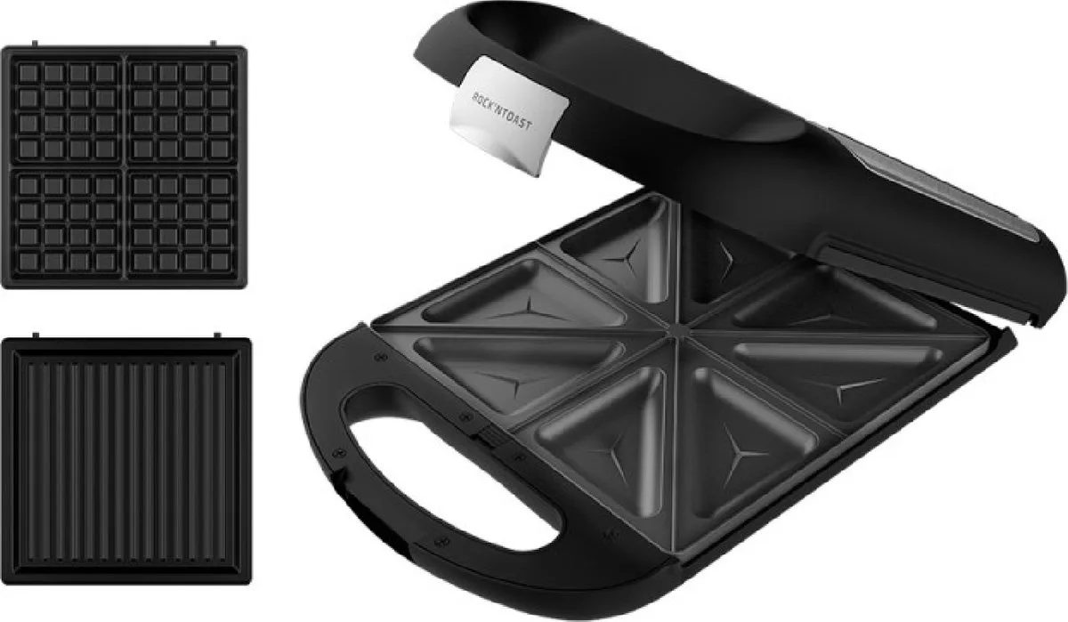 Sandwichmaker Rock´nToast Family 3in1. Für 4 Sandwiches in Edelstahlausführung, 1500 W Leistung, mit 3 antihaftbeschichteten und austauschbaren Platten. van Cecotec – productfoto