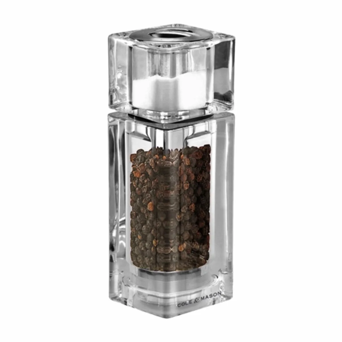 Cube Combi Peper- en Zoutmolen 2-in-1 – Pepermolen & Zoutstrooier – 14,5 cm van Cole & Mason in Transparant – productfoto