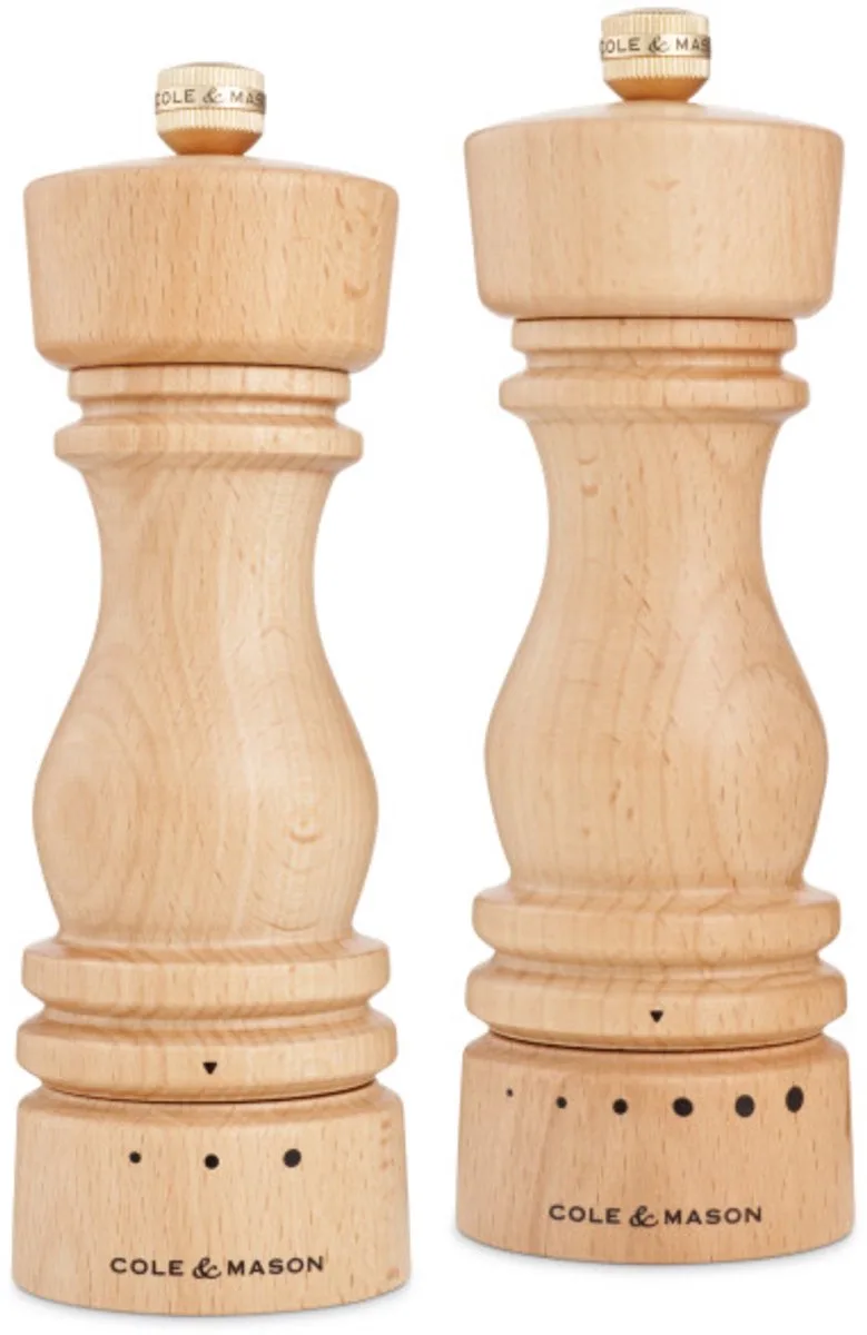 London Peper- en Zoutmolen Set - 18 cm - Naturel Beukenhout - Precision Maalwerk (6/3 Standen) van Cole & Mason in Naturel Beukenhout, Gift set – productfoto