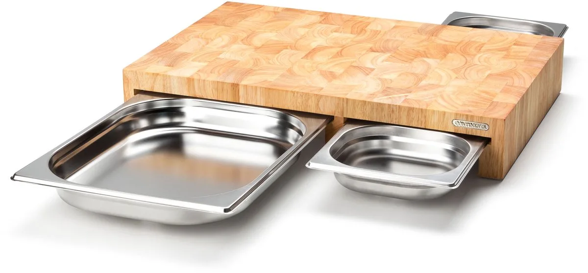 Gummibaum Snijplank met 3 inox laden - 50 x 32 cm van Continenta in Bruin – productfoto