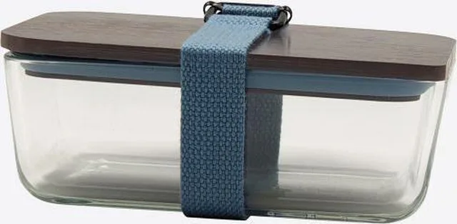 lunchbox uit glas met bamboe deksel en riem
