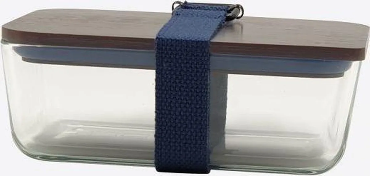 lunchbox uit glas met bamboe deksel en riem van Cookut in Donker blauw – productfoto