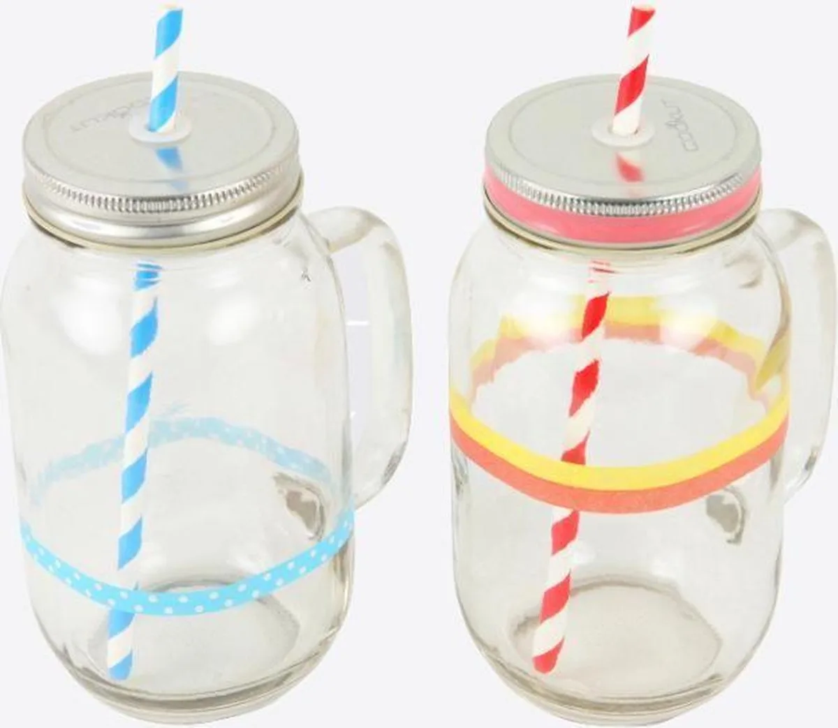Mason Jar set - 2 stuks - 700ml - Met Rietjes en washitape van Cookut in Transparant – productfoto