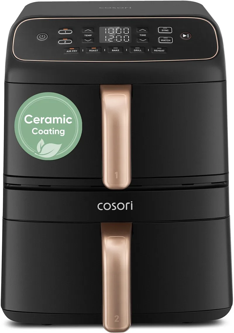 TurboTower Compact airfryer - Keramische anti-aanbaklaag - Dubbele heteluchtfriteuse - 8.6 liter fra Cosori i Sort, Guld – produktbillede