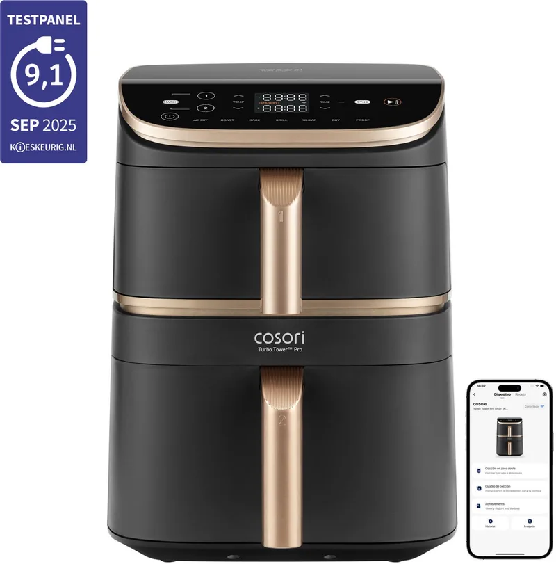 TurboTower Pro – Dubbele Airfryer XXL – 10.8L – Keramische Coating – 2 Manden Apart Instelbaar – 7 Programma’s von Cosori in Schwarz, Gold – Produktfoto