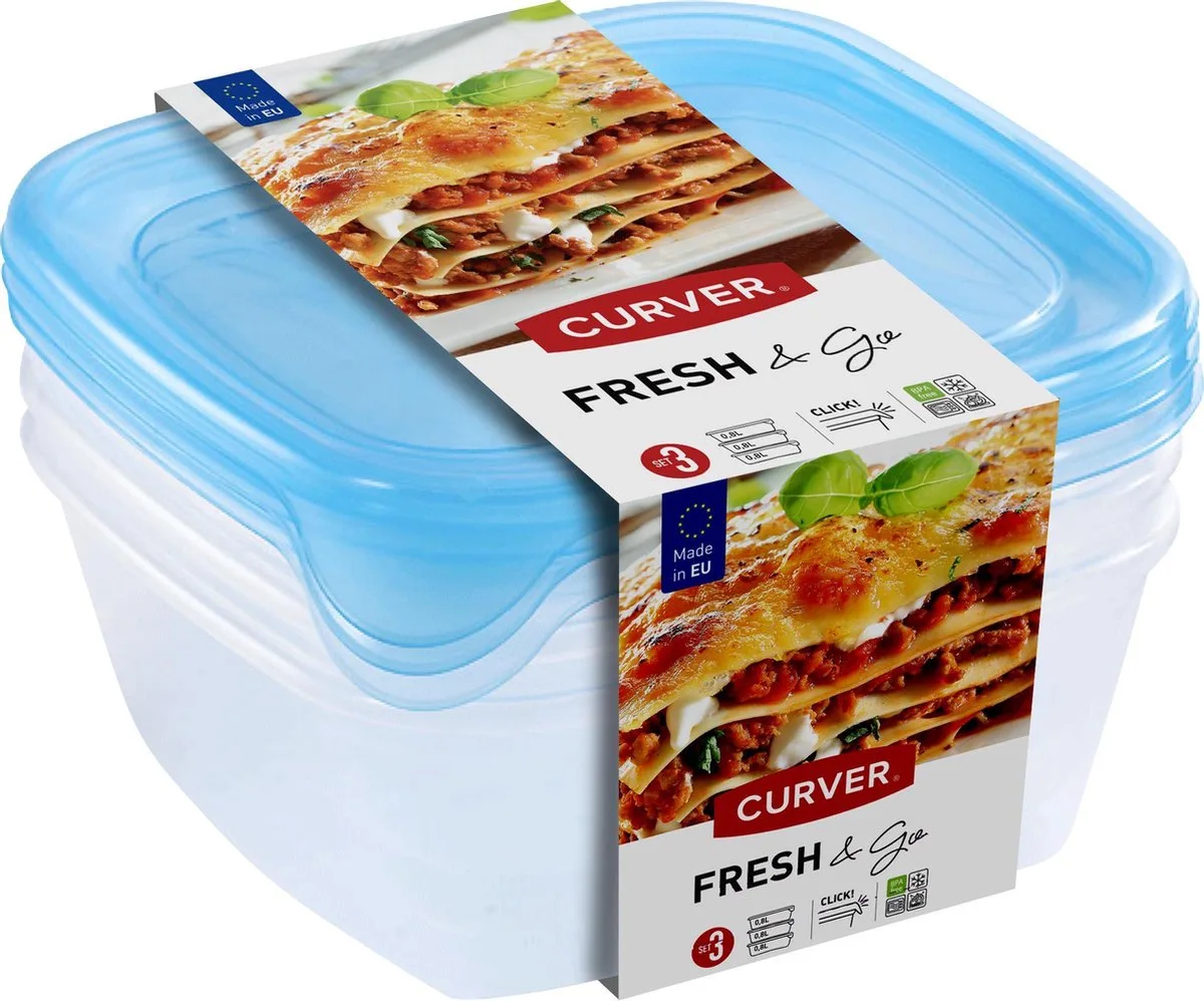 Fresh & Go Vershoudbakjes met deksel - 3x0,8 liter - 3 stuks - Transparant/Blauw fra Curver i Gennemsigtig, Blå – produktbillede