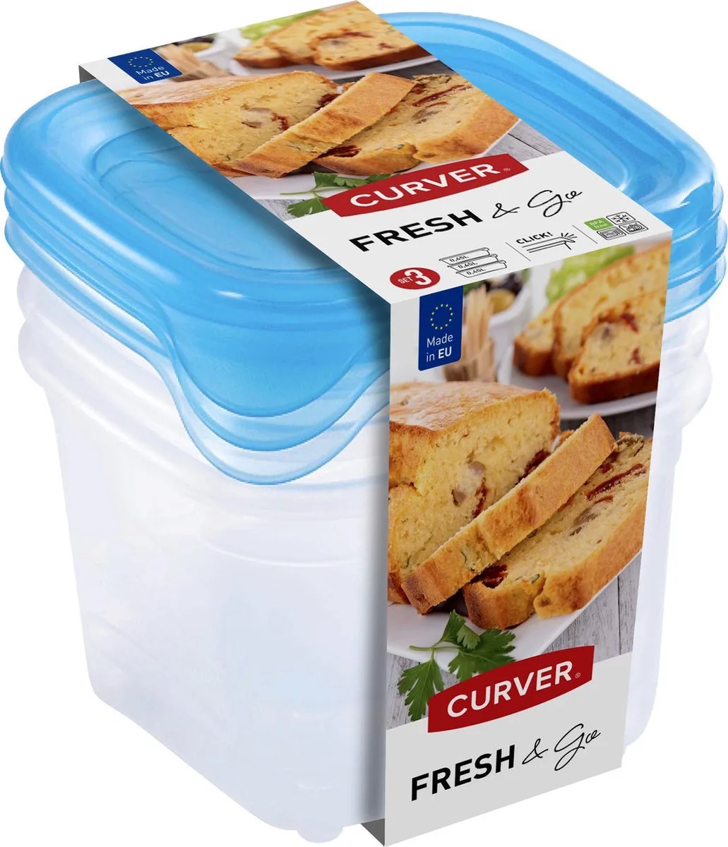 Fresh & Go Vershoudbakjes met deksel - Vierkant - 3x0,45L - 3 stuks - Transparant/Blauw van Curver in Transparant, Translucent precious blauw – productfoto