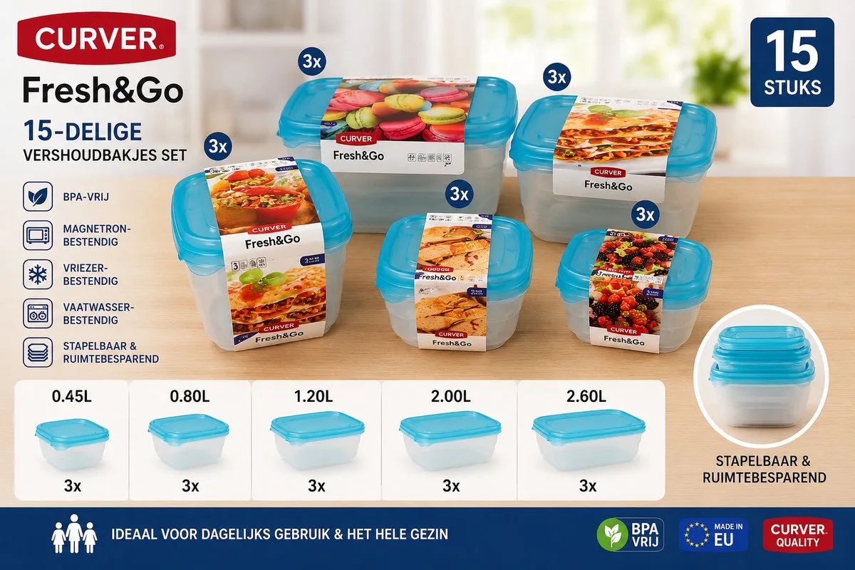 Fresh&Go Vershoudbakjes Set 15-delig - 5 Formaten - BPA-vrij - Geschikt voor Magnetron, Vriezer en Vaatwasser de Curver en Transparent – photo produit