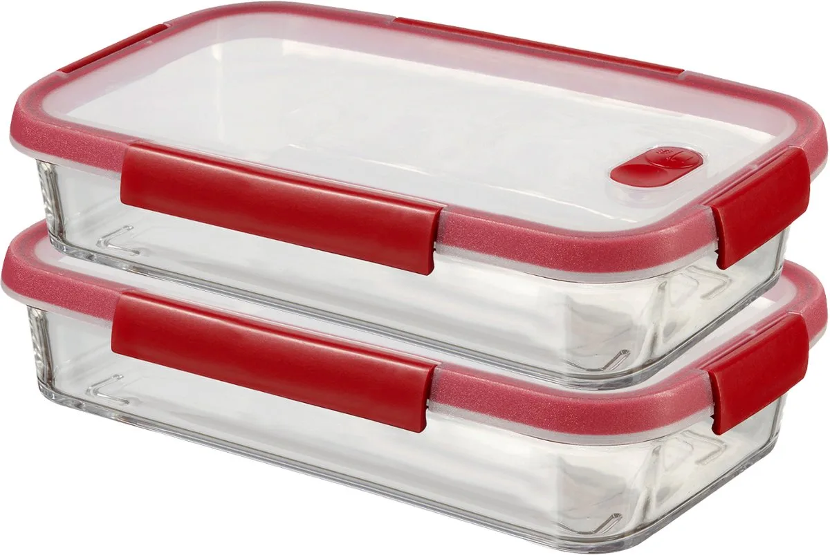 Smart Cook Ovenschaal - Glas met deksel - Set van 2 x 3,7L - Rood/Transparant de Curver en Transparent – photo produit