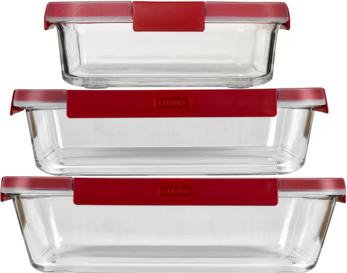 Smart Cook Ovenschalen - Glas met deksel - Set van 0,9L + 2,3L + 3,7L - Rood/Transparant de Curver en Transparent – photo produit