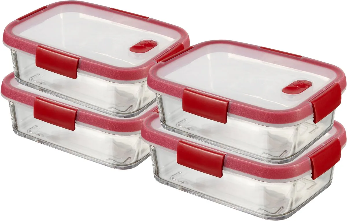 Smart Cook Vershouddoos - Glas met deksel - Rechthoekig - Set van 4 x 0,9L - Rood/Transparant de Curver en Transparent – photo produit