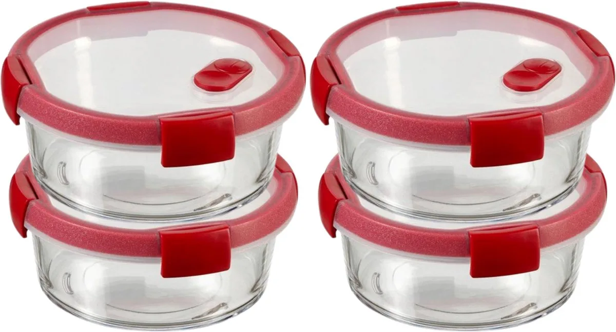 Smart Cook Vershouddoos - Glas met deksel - Rond - Set van 4 x 0,6L - Rood/Transparant van Curver in Transparant – productfoto