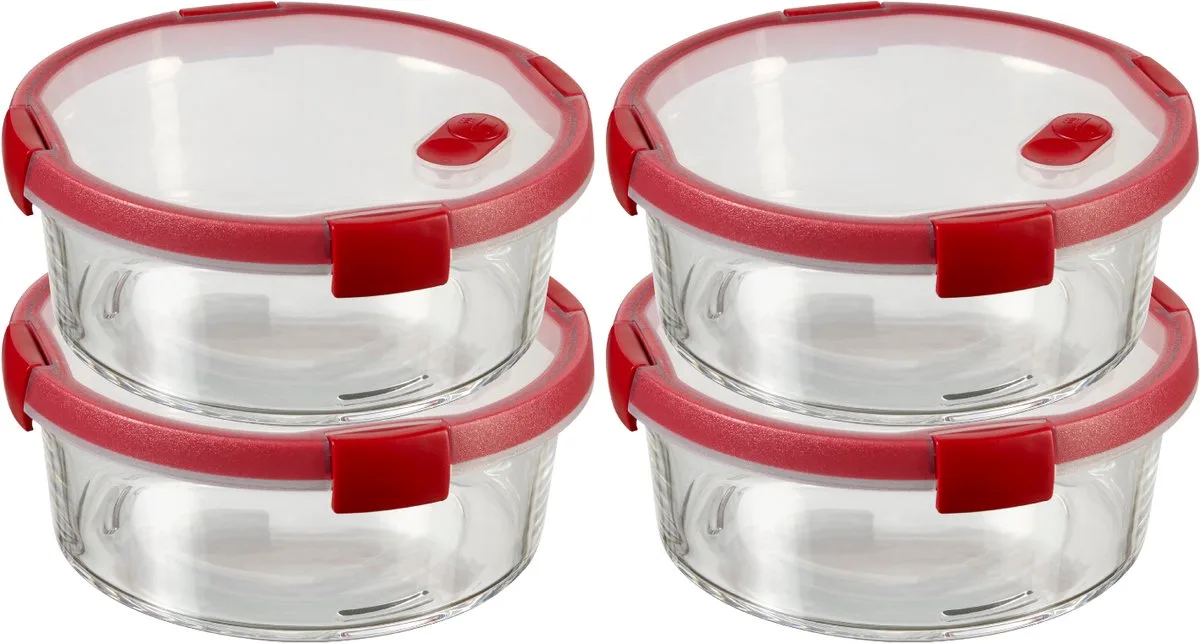 Smart Cook Vershouddoos - Glas met deksel - Rond - Set van 4 x 1,2L - Rood/Transparant van Curver in Transparant – productfoto