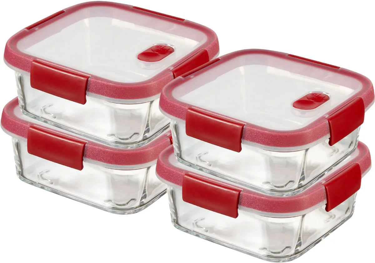 Smart Cook Vershouddoos - Glas met deksel - Vierkant - 4 x 0,7L - Rood/Transparant van Curver in Transparant – productfoto
