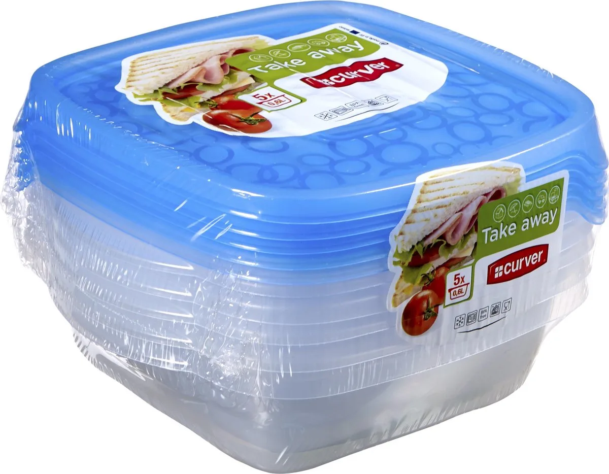 Take Away 2 Vershoudbakjes met deksel - Vierkant - 0,6L - 5 stuks - Transparant/Blauw von Curver in Transparent – Produktfoto