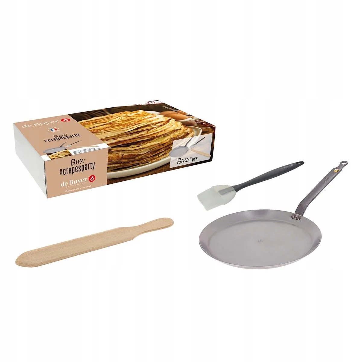 Crêpepannenset 26cm - Koolstofstaal, Inclusief Spatel & Kwast van de Buyer in Zilver – productfoto