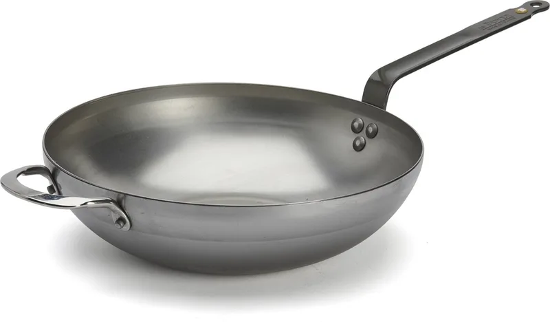 Mineral B Wokpan 32 cm – Brede Bodem – Plaatstaal – PFAS-vrij – Geschikt voor Inductie – Made in France de de Buyer en Staal – photo produit