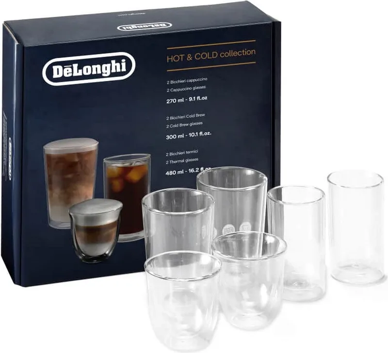 Hot&Cold collectie, Set van 2 cappuccino, 2 cold brew, 2 thermische dubbelwandige glazen de De'Longhi en Transparent – photo produit