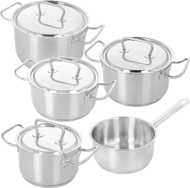 Bistro 3 RVS 5-delige Kookpannenset – Inclusief Eén Hoge Soeppan Met Deksel Van 6 Liter (24 cm) – Eén Hoge Kookpan Met Deksel Van 3,5 Liter (20 cm) – Eén Lage Kookpan Met Deksel Van 3 Liter (20 cm) – Eén Hoge Kookpan Met Deksel Van 2 Liter von Demeyere in Silber – Produktfoto