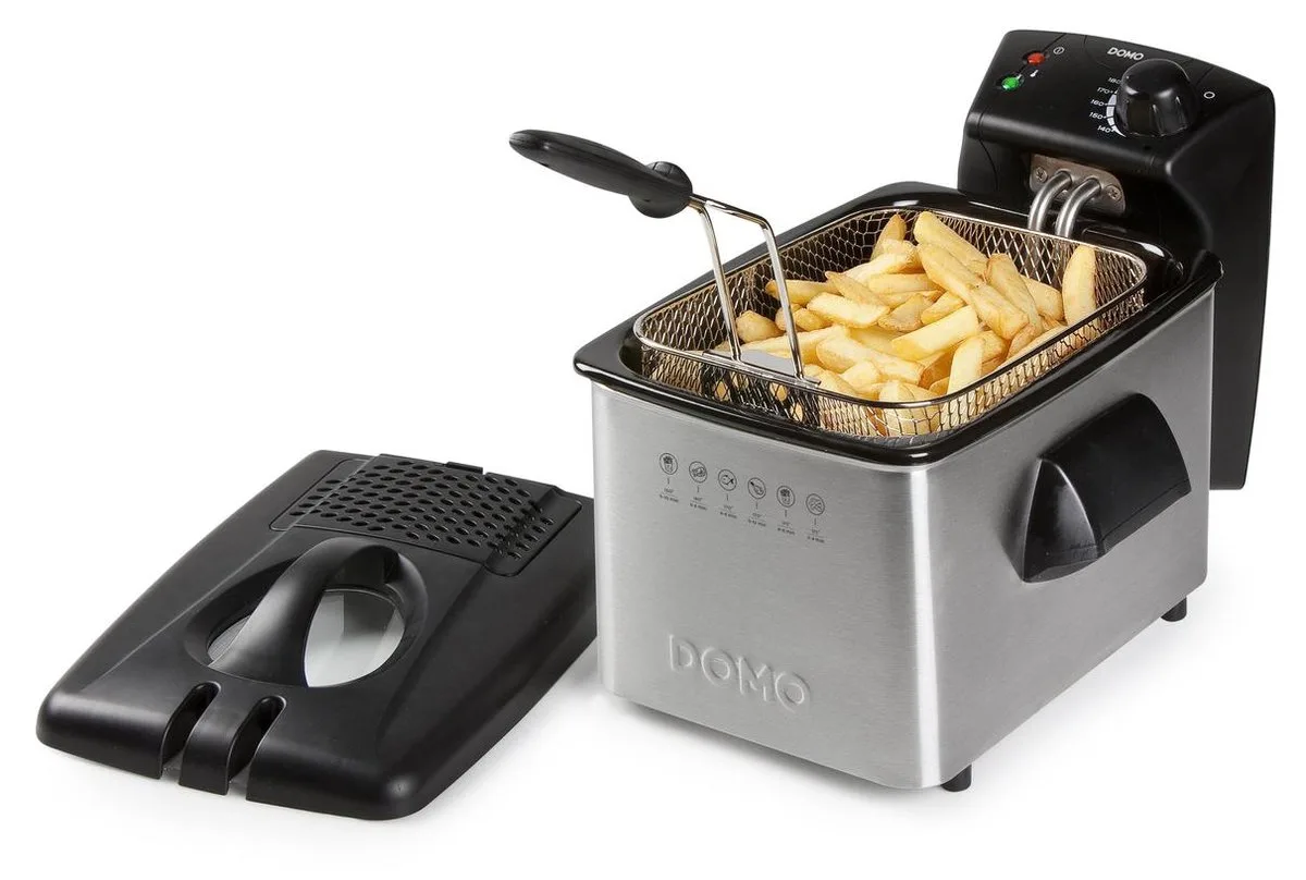 DO464FR Friteuse - 3 Liter - Frituurpan - Met Kijkvenster en Geurfilter - Koude Zone - Inox - 2200W van Domo in Rvs – productfoto