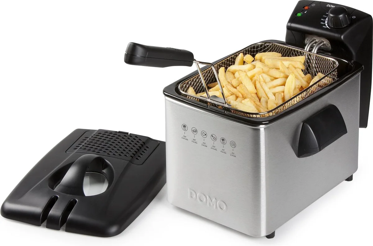 DO465FR Friteuse - 4 Liter - Frituurpan - Met Kijkvenster en Geurfilter - Koude Zone - Inox - 3000W van Domo in Roestvrijstaal – productfoto