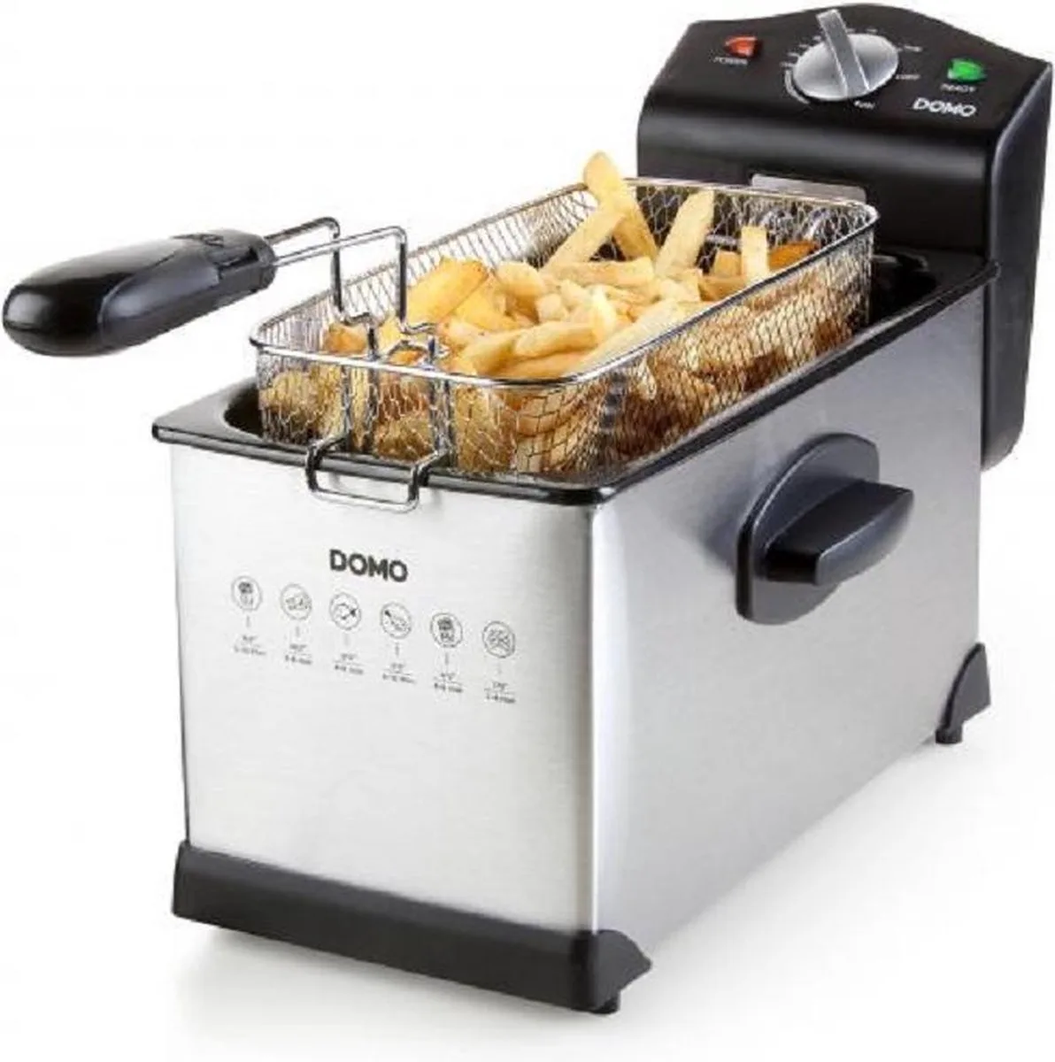 DO514FR Friteuse - 3 Liter - Frituurpan - Koude Zone - Inox - 2000W van Domo in RVS – Zwart – 3L – productfoto