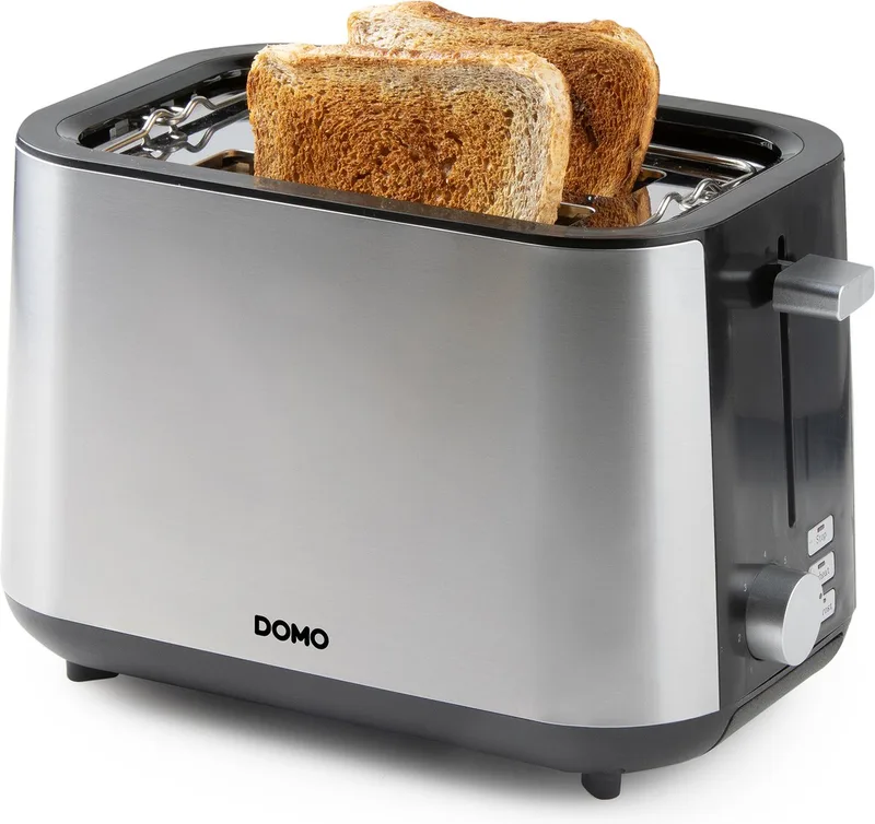 DO966T Broodrooster - 2 Extra Brede Sleuven - Ingebouwd Broodjesrek - 900W - RVS/Zwart von Domo in Rvs – Produktfoto