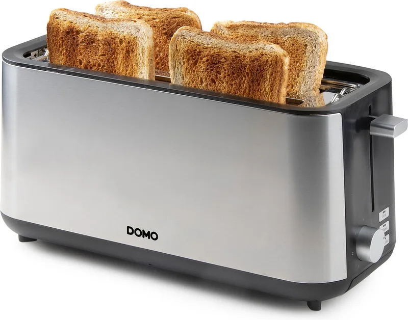 DO967T Broodrooster - 2 Extra Lange Sleuven - Ingebouwd Broodjesrek - 1350W - RVS/Zwart by Domo in Roestvrijstaal – product photo 1 of 3