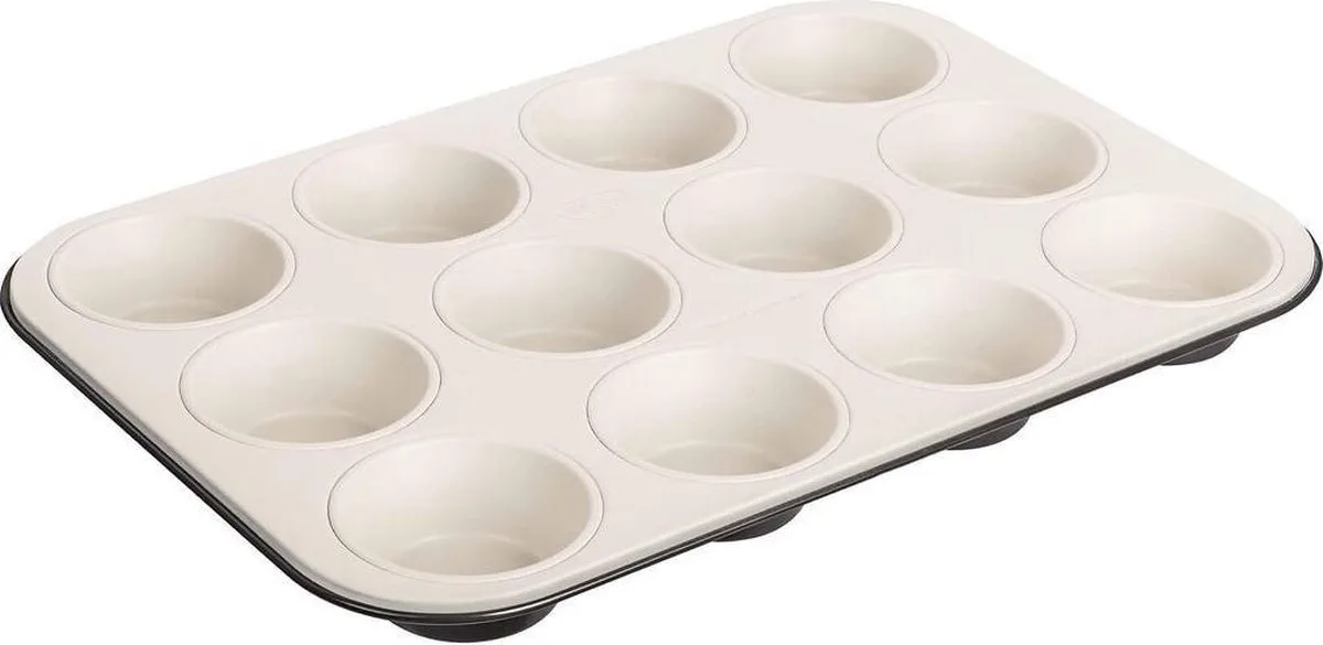 Dr. Oetker 12 cups Muffinvorm, anti-aanbakvorm met premium emaille coating Exclusive Antraciet/Crème Staal 38,5 x 26,5 x 3 cm von Dr. Oetker in Zwarte met crème antiaanbak laag – Produktfoto