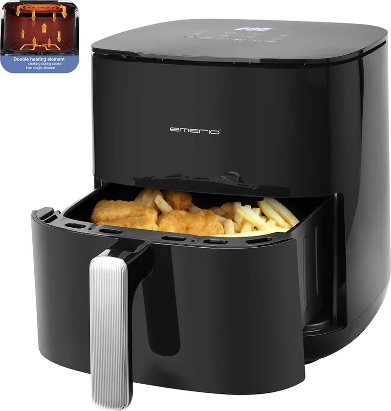 AF-131797.1 - grote digitale heteluchtfriteuse met dubbel verwarmingselement, niet meer tussentijds schudden en sneller klaar, 5,0 liter inhoud, 8 automatische programma's, Cool Touch, BPA-vrij, snel opwarmen, 2000 W van Emerio in Zwart – productfoto
