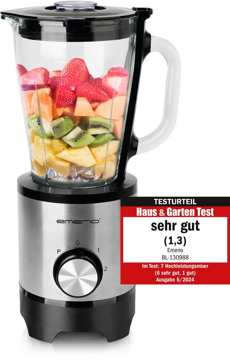 Blender - Inhoud 1,5L – Smoothie Maker met Glazen Kan - 500W - BL-130988 - Zwart / Zilverkleuring by Emerio in Rvs – product photo