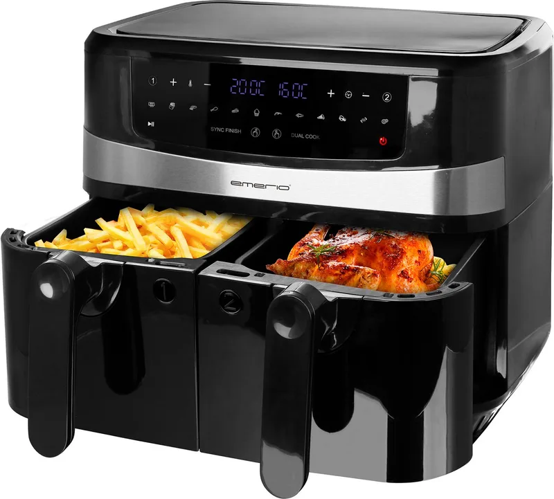 Dubbele Airfryer XXL 2400W - 10 Liter Heteluchtfriteuse - Regelbare thermostaat 50ºC tot 200ºC - 9 Kookprogramma's - AF-126672.4 by Emerio in Black – product photo
