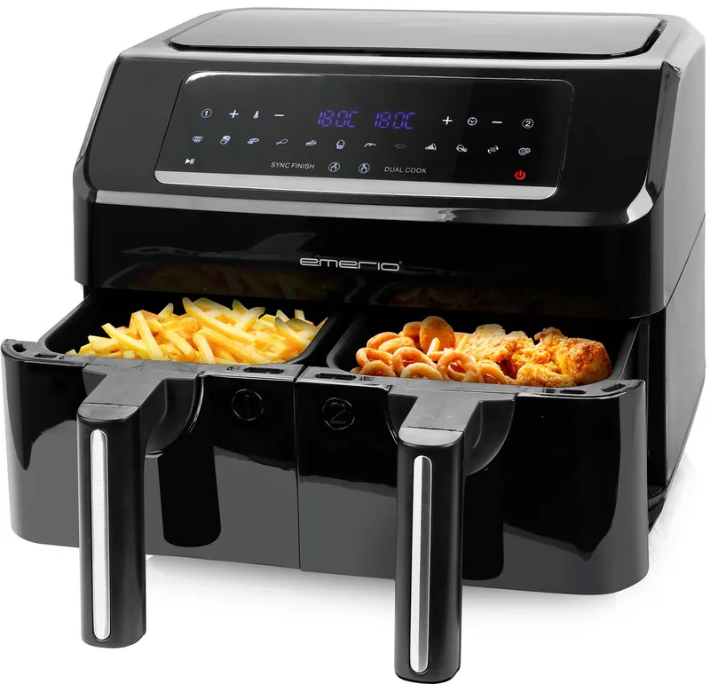 Dubbele Heteluchtfriteuse 2600W - 2x3.6L - Dual zone - Digitaal display - 50-200ºC - Timer - Sync Function - AF-130376.1 by Emerio in Black – product photo
