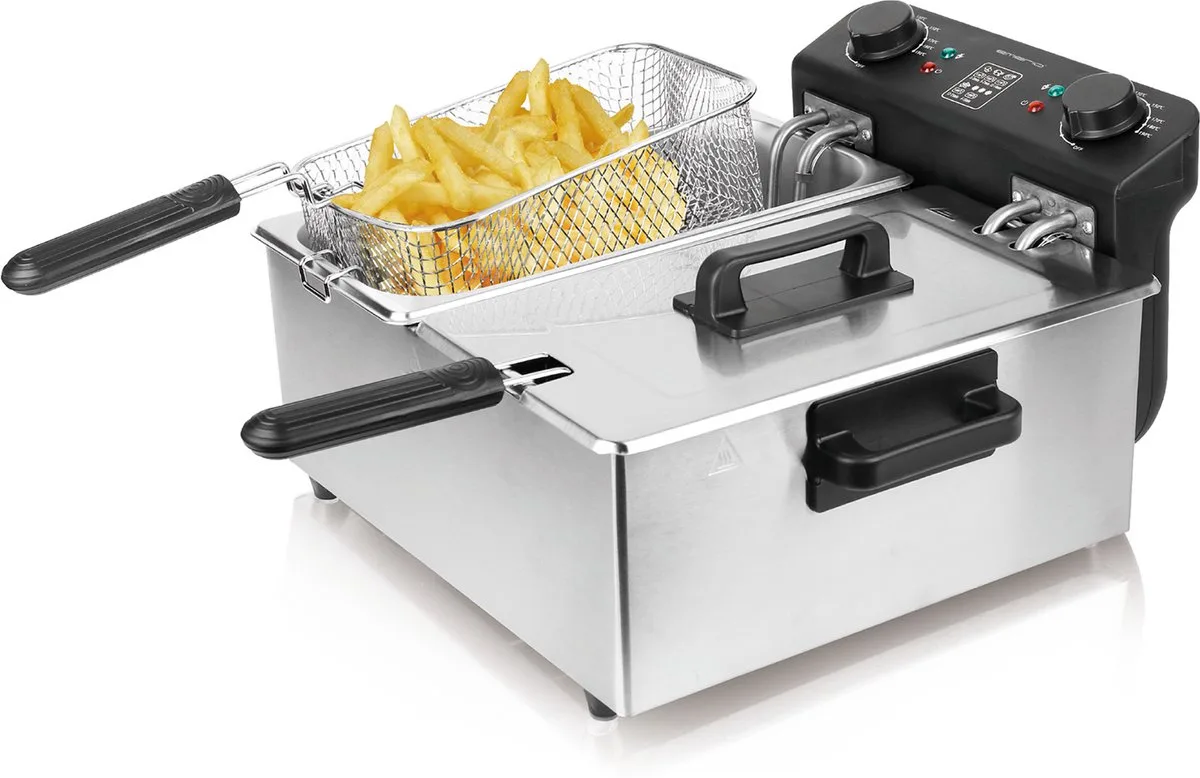 Frituurpan Dubbel - 2x 3 Liter Friteuse - Regelbare Thermostaat - Koude Zone - DF-120485 RVS från Emerio i Silver – produktbild