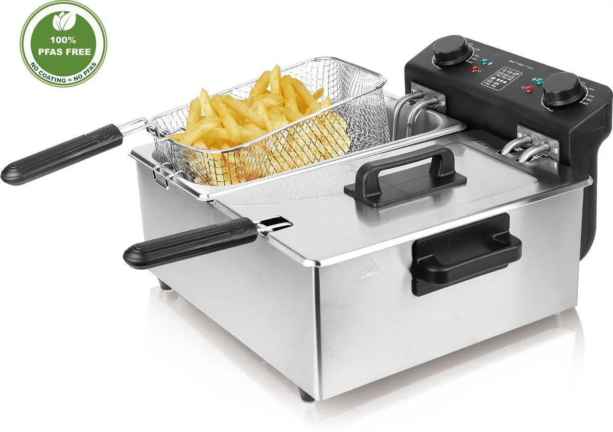 Frituurpan Dubbel - 2x 3 Liter Friteuse - Regelbare Thermostaat - Koude Zone - DF-120482.6 RVS från Emerio i Silver – produktbild