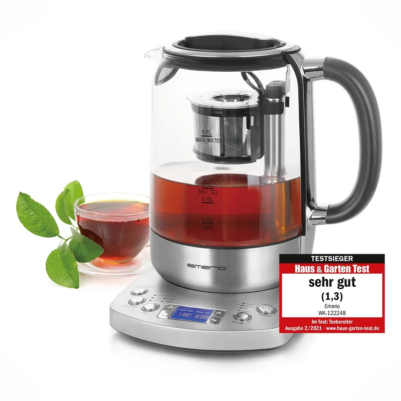 Glazen Waterkoker 2200W - 1.7L - Glas/RVS - Digitaal display - 5 Temperatuur Instellingen - Warmhoud functie - Automatisch bewegende theezeef - WK-122248 by Emerio in Rvs – product photo 1 of 2