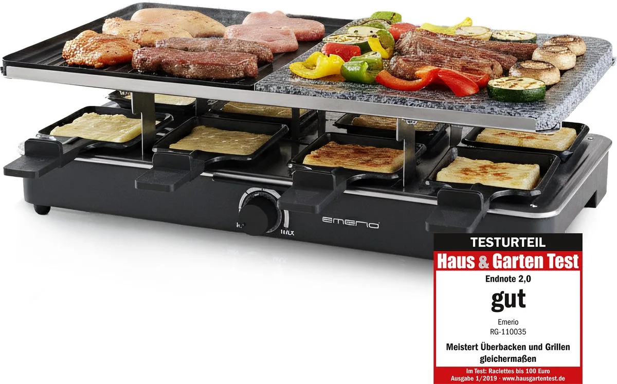 Gourmet-Steengrill - Raclettegrill - 1400W - 8 Personen - Indicatielampje - Regelbare thermostaat - Half Steengrill/Half Grillplaat - Incl. 8 Houten Spatels + Pannetjes - RG-110035 fra Emerio i Sort – produktbillede