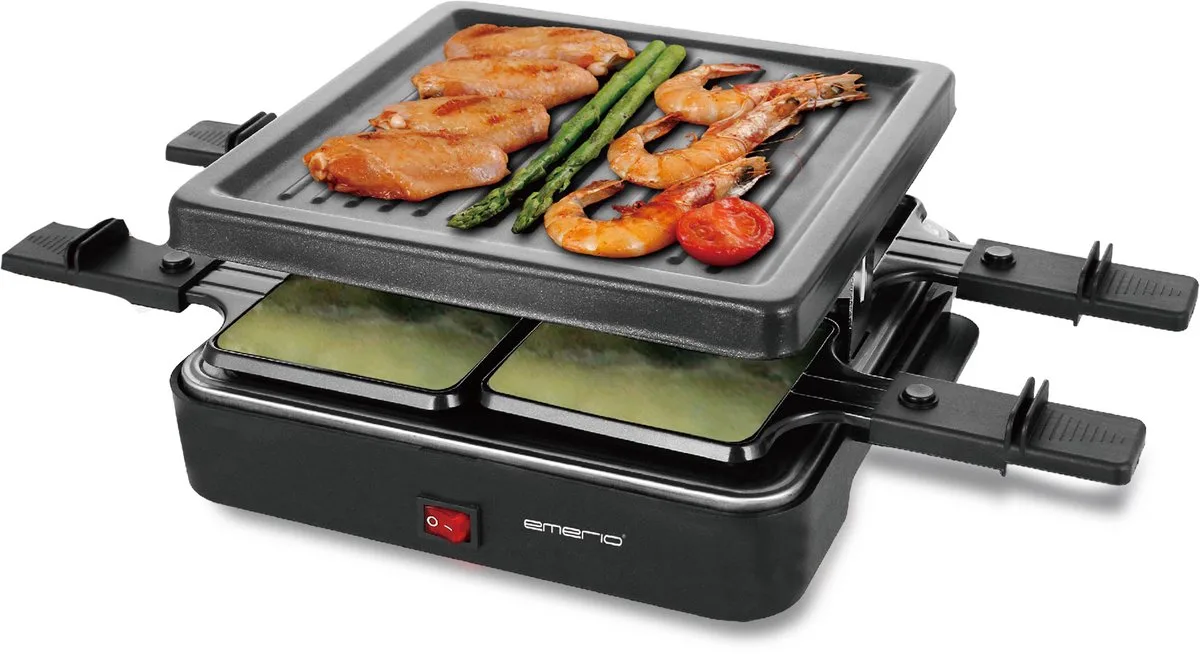 Gourmetset - Raclettegrill - 600W - 4 Personen - Anti-aanbaklaag - Stalen Grillplaat - Anti-Slip - Incl. 4 Houten Spatels + Pannetjes - RG-120656 van Emerio in Zwart – productfoto