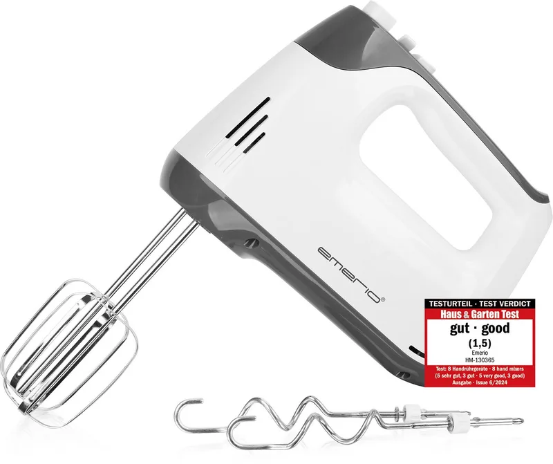 Handmixer 400W - Mixer met Turbofunctie - 5 snelheden - RVS Gardes en Deeghaken - HM-130365 Wit von Emerio in Grau – Produktfoto