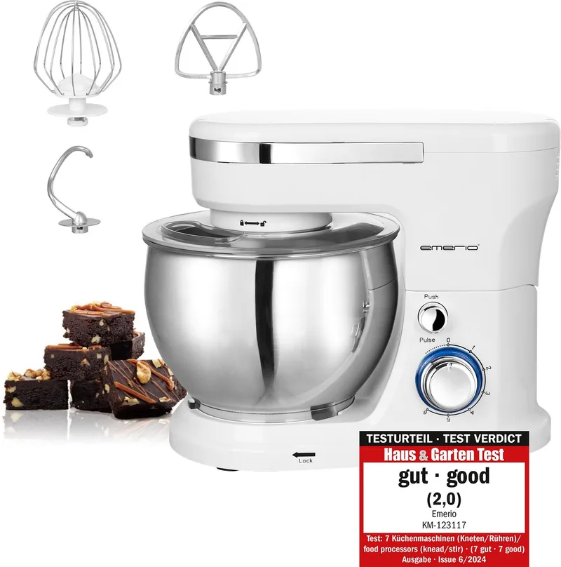 Keukenmachine 5 Liter - 1000W Keukenrobot - Foodprocessor - Keukenmixer met RVS Mengkom - 6 Snelheden - Inclusief Klopper, Deeghaak en Garde - KM-123117 Wit von Emerio in Roestvrijstaal – Produktfoto