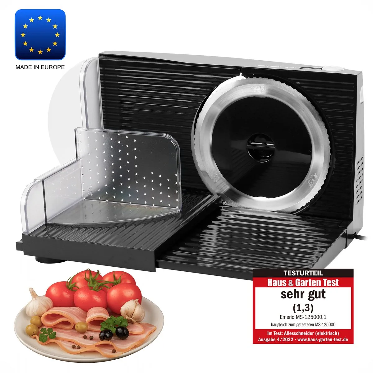 Multifunctionele Snijmachine - 100W, Dikte Verstelbaar 0-17mm - RVS Mes - Elektrische Snijmachine voor Brood, Kaas en Vlees - Broodsnijmachine Elektrisch - MS-125000.1 Allessnijder fra Emerio i Sort – produktbillede
