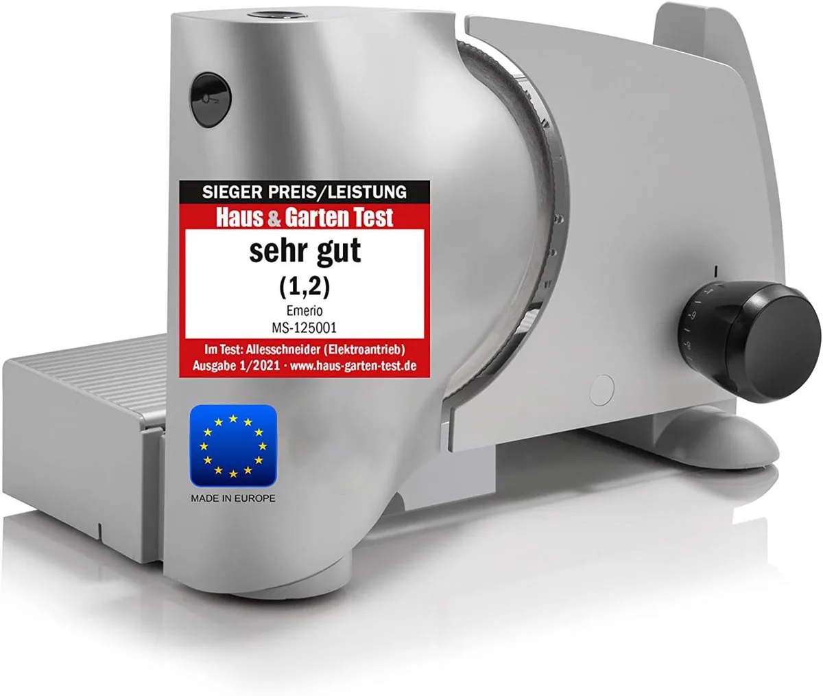 Multifunctionele Snijmachine - 110W - Dikte Verstelbaar 0-15mm - RVS Mes - Elektrische Snijmachine voor Brood, Kaas en Vlees - Broodsnijmachine Elektrisch - MS-125001 Allessnijder fra Emerio i Hvid – produktbillede
